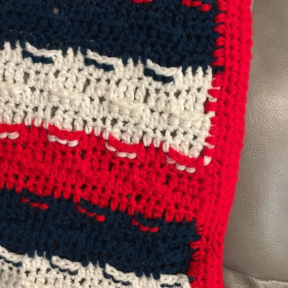 Large oversized grandma hand knitted Roseanne style, afghan-patriotic colors